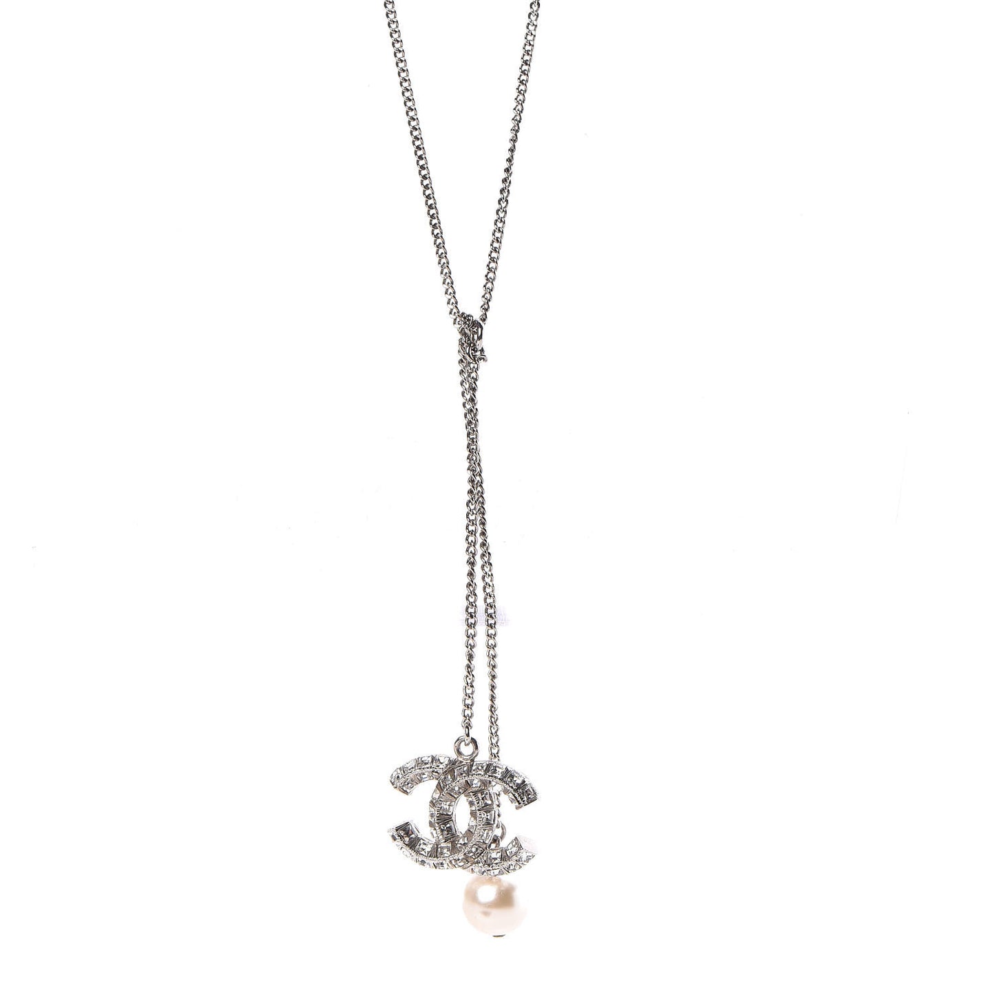 Baguette Crystal Pearl CC Lariat Necklace Silver