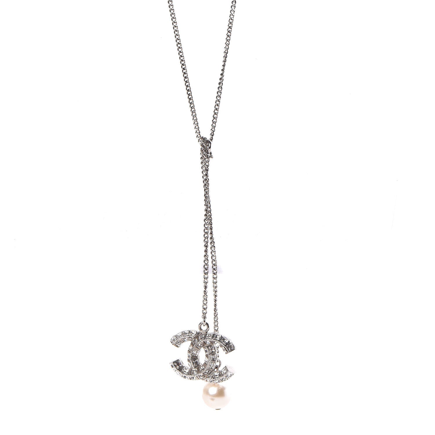 Chanel Baguette Crystal Pearl CC Lariat Necklace Silver 1 of 4