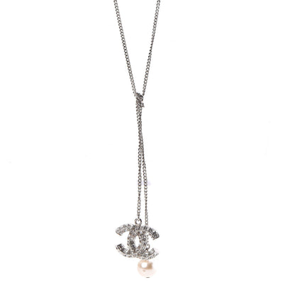 Chanel Baguette Crystal Pearl CC Lariat Necklace Silver 1 of 4
