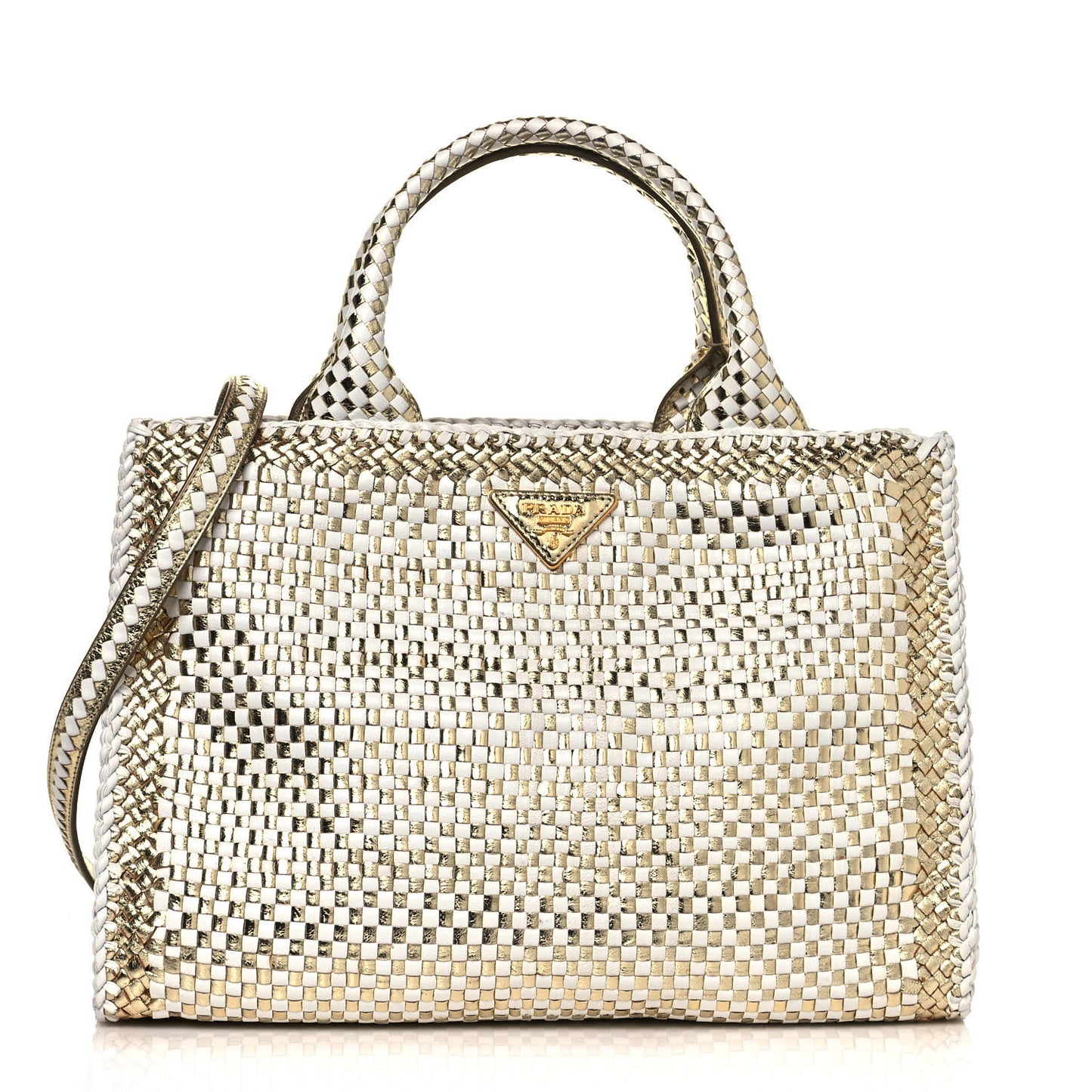 Goatskin Woven Small Tote White Gold