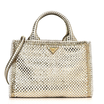 Prada Goatskin Woven Small Tote White Gold 1 of 12