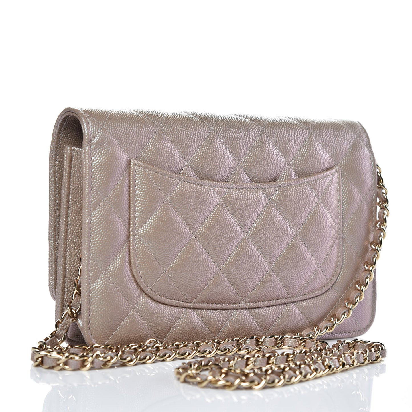 Iridescent Caviar Quilted Wallet On Chain WOC Beige