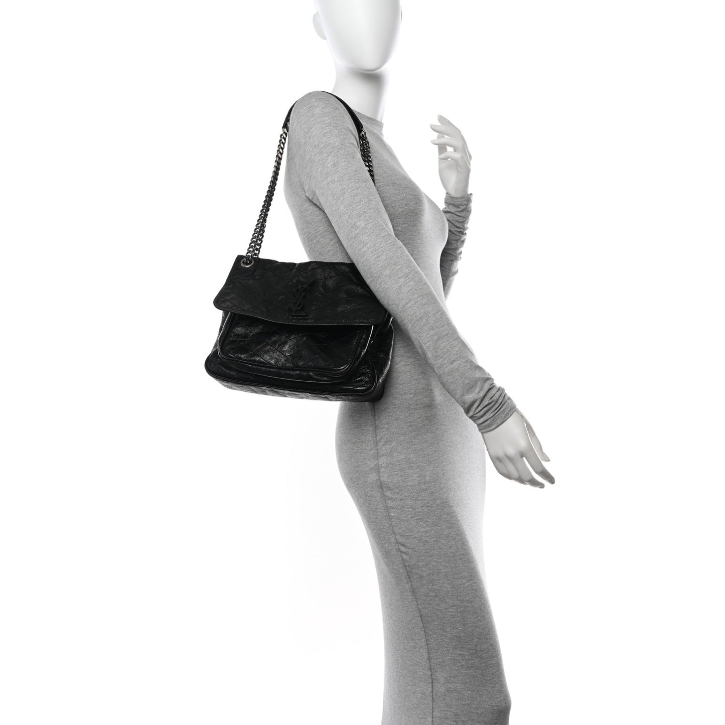 Crinkled Calfskin Matelasse Monogram Medium Niki Chain Satchel Black