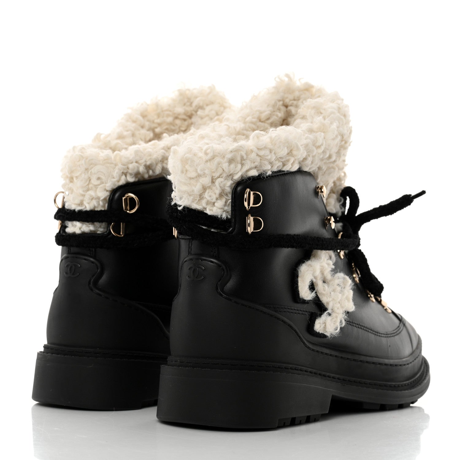 Chanel Calfskin Shearling CC Lace Up Boots 38 Black 4 of 8