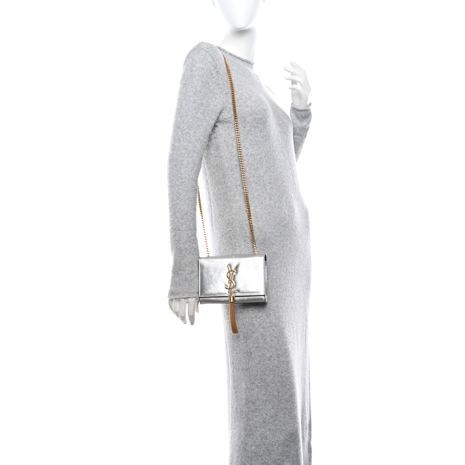 Saint Laurent Metallic Calfskin Small Classic Monogram Kate Tassel Satchel Silver 2 of 10