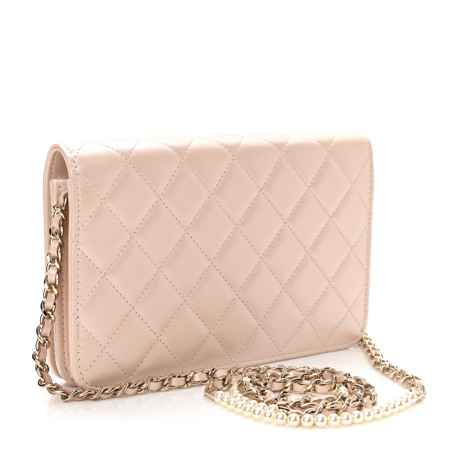 Iridescent Lambskin Quilted Pearl Wallet On Chain WOC Light Beige