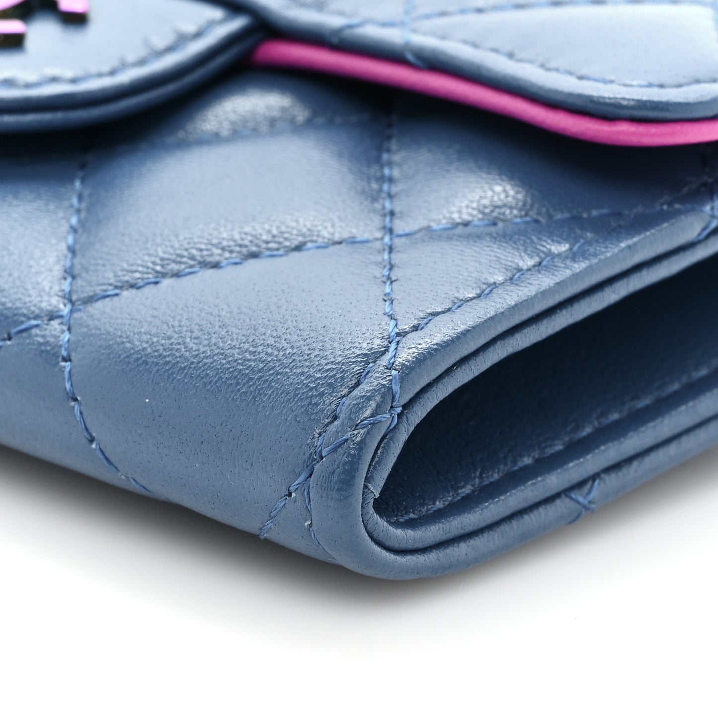 Lambskin Quilted Flap Card Holder Wallet Blue Pink