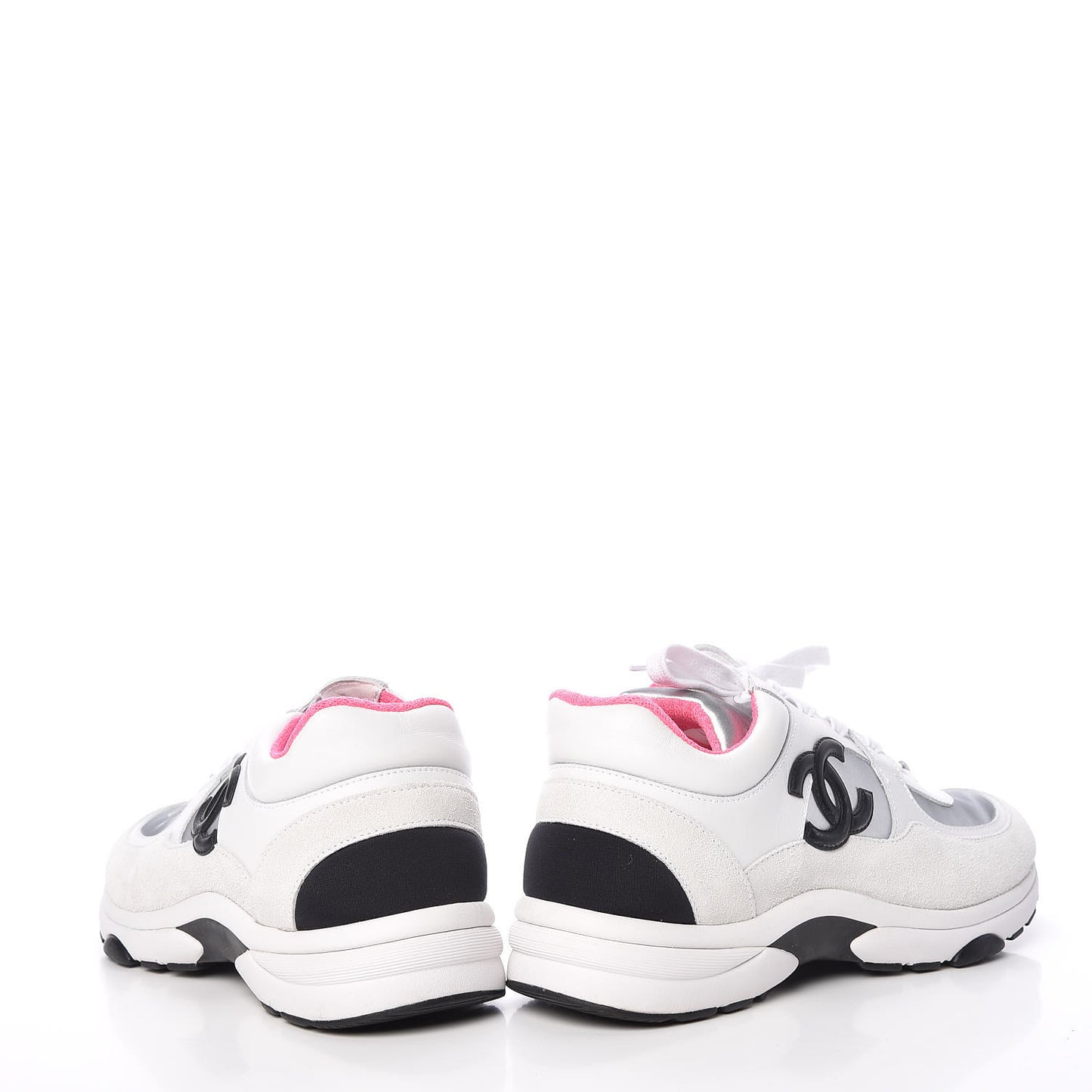 Calfskin Fabric Sneakers 38 White Silver Fluo Pink