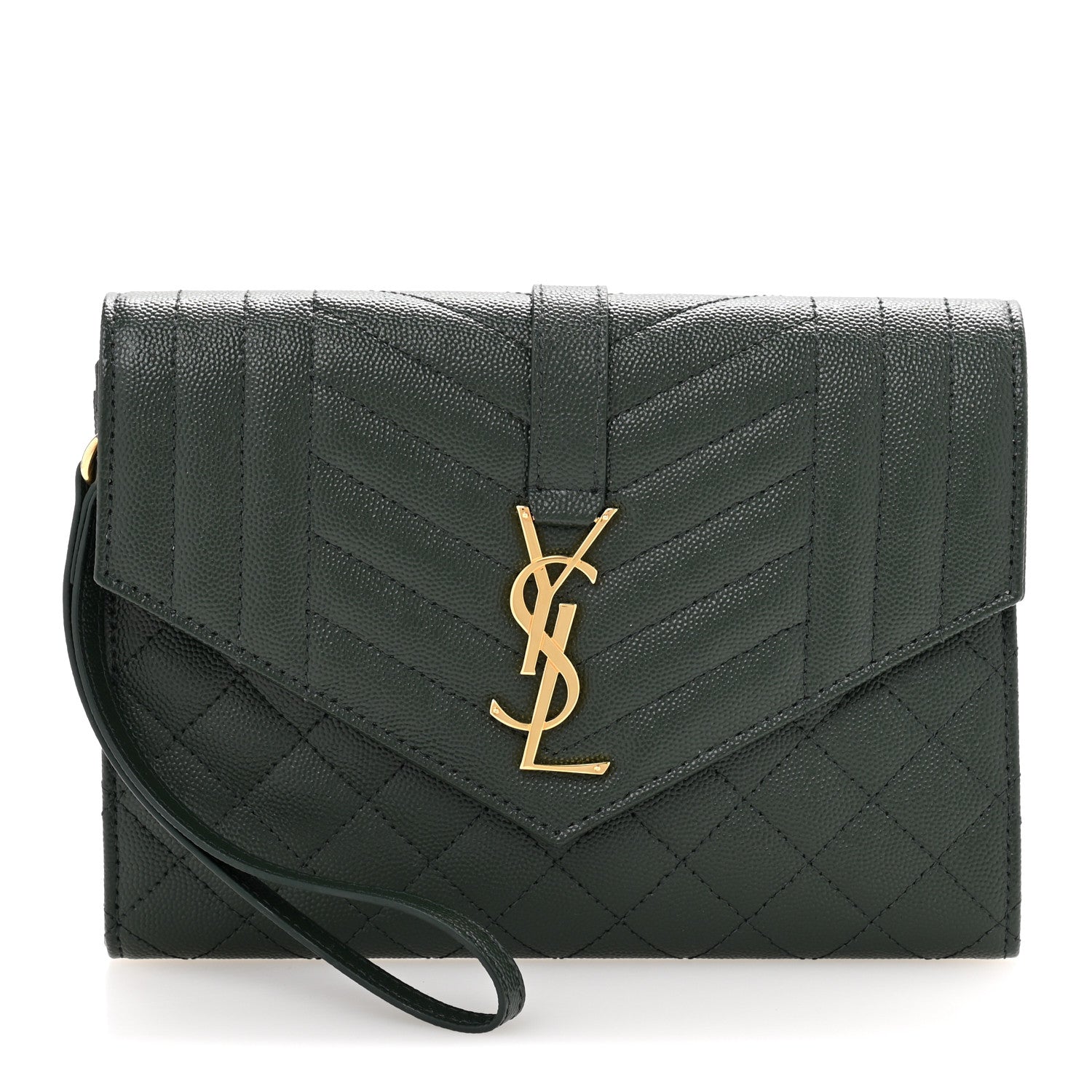 Saint Laurent Grain De Poudre Textured Mixed Matelasse Triquilt Monogram Clutch Vert Fonce 1 of 13