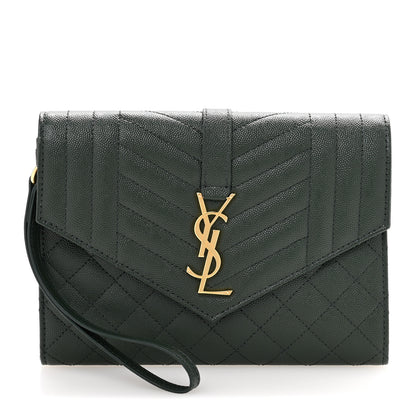 Saint Laurent Grain De Poudre Textured Mixed Matelasse Triquilt Monogram Clutch Vert Fonce 1 of 13