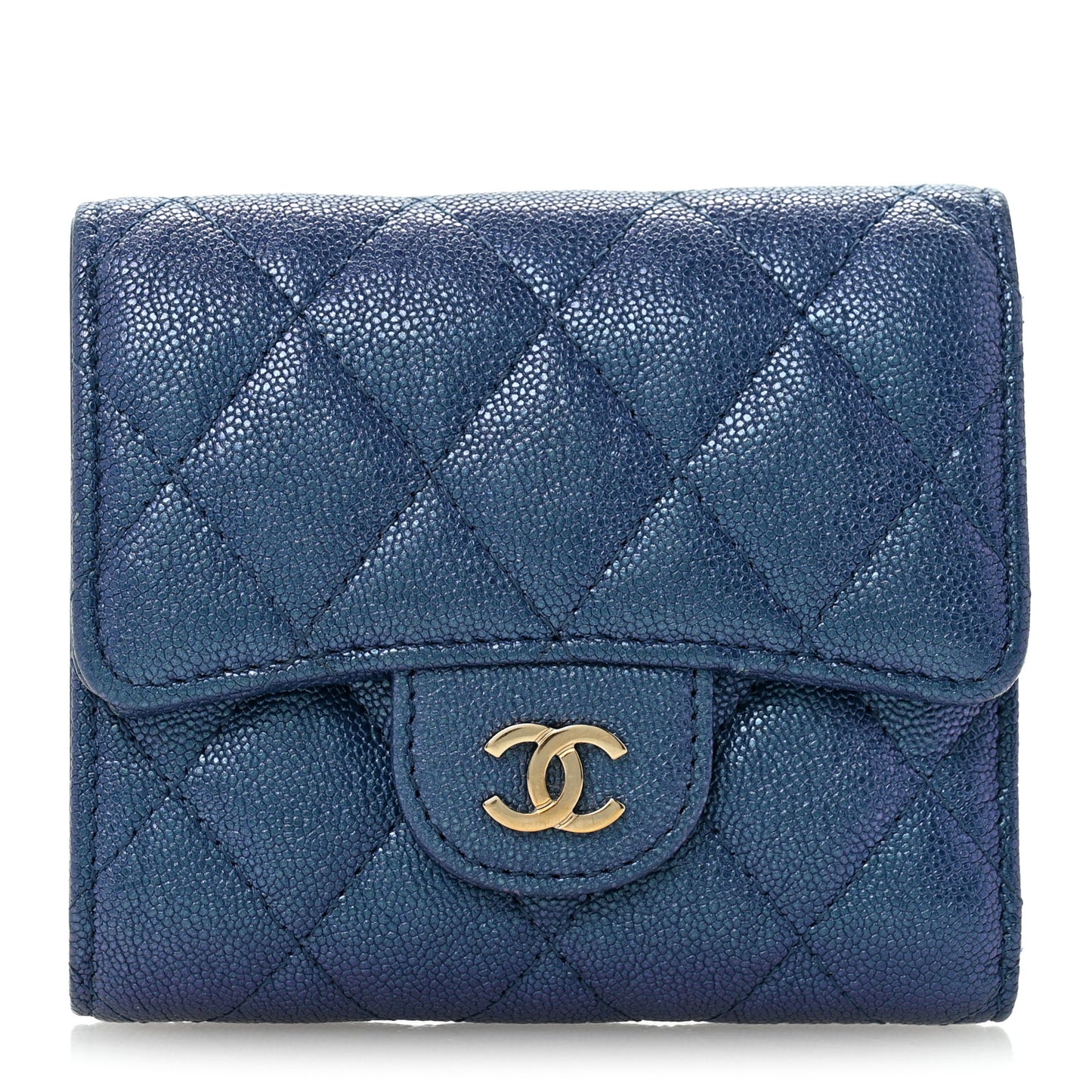 Iridescent Caviar Flap Quilted Card Holder Wallet Dark Blue