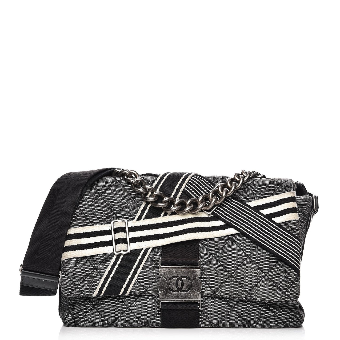 Denim Toile Quilted Belt Flap Black White