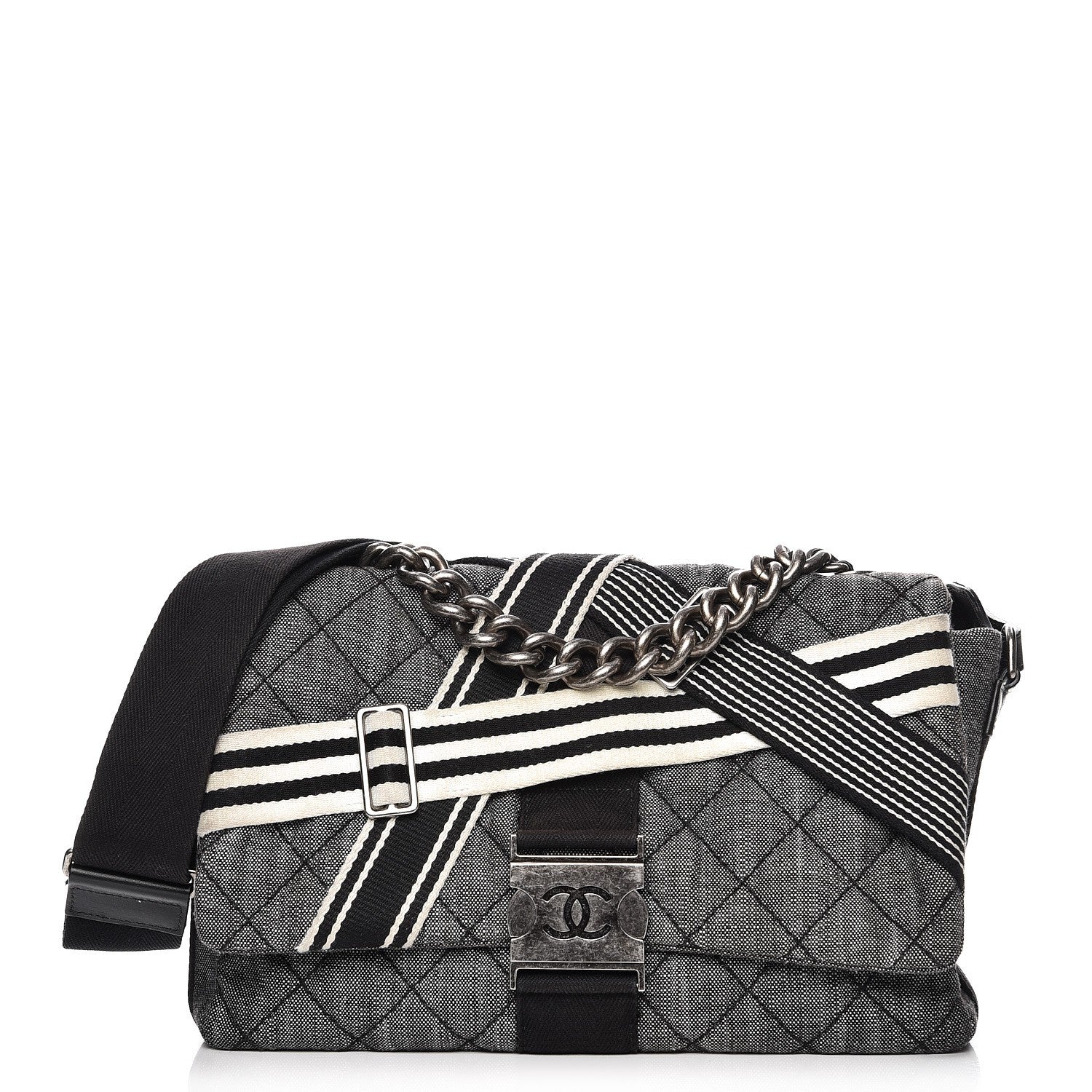 Chanel Denim Toile Quilted Belt Flap Black White 1 of 9