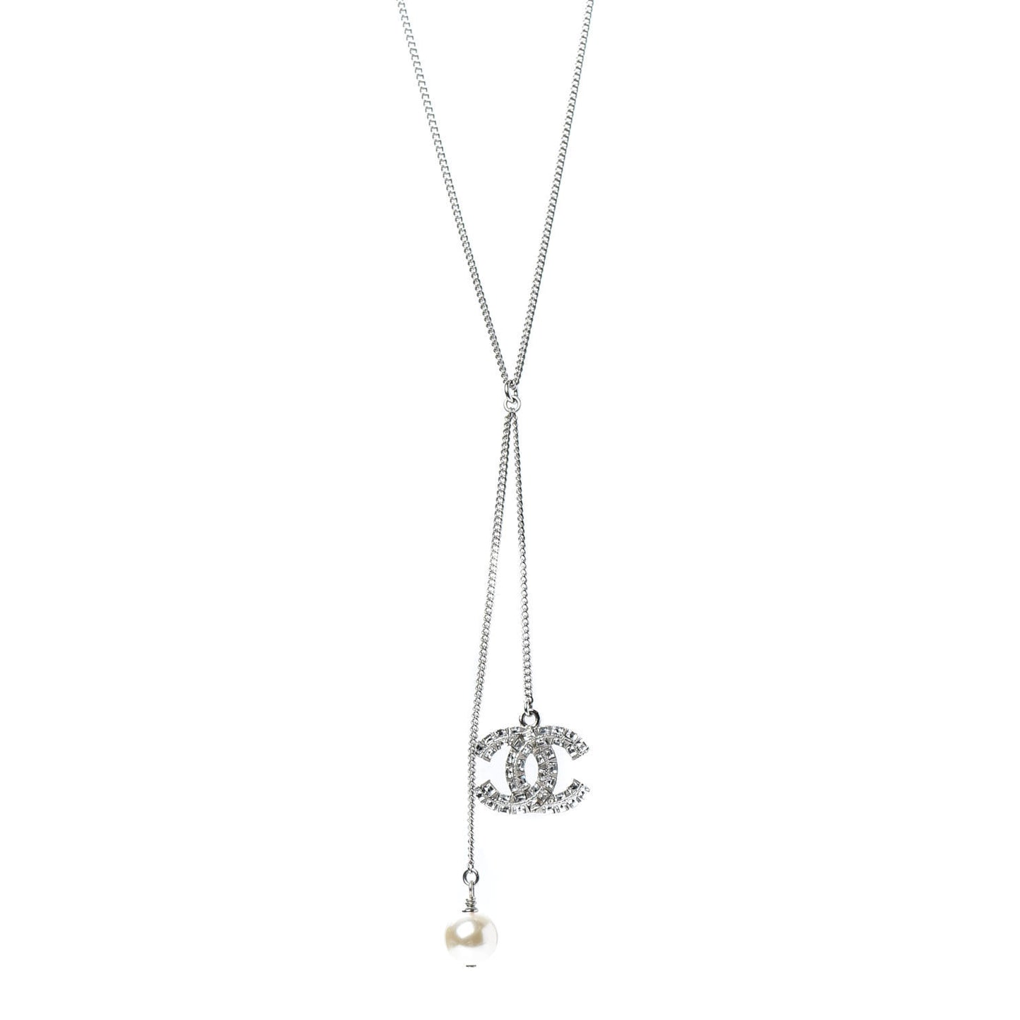 Baguette Crystal Pearl CC Lariat Necklace Silver