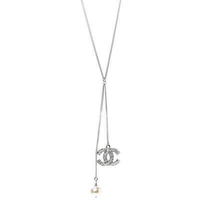 Chanel Baguette Crystal Pearl CC Lariat Necklace Silver 1 of 6