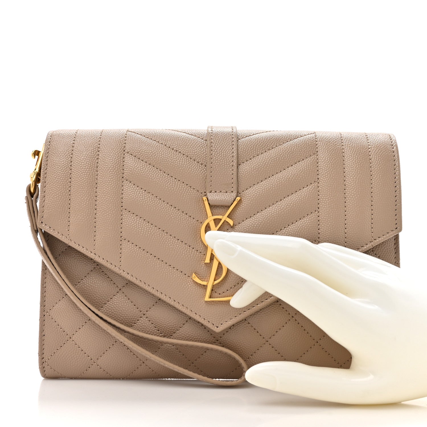Saint Laurent Grain De Poudre Textured Mixed Matelasse Triquilt Monogram Clutch Dark Beige 2 of 7