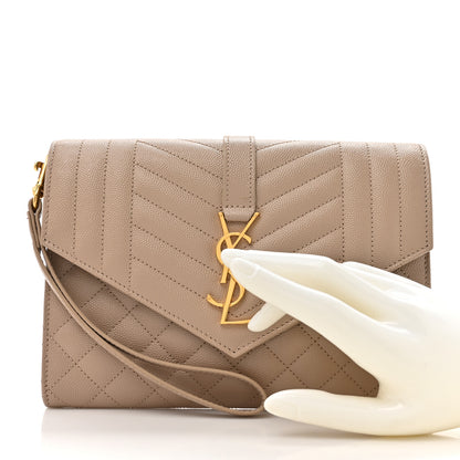 Saint Laurent Grain De Poudre Textured Mixed Matelasse Triquilt Monogram Clutch Dark Beige 2 of 7