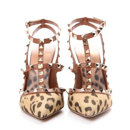Valentino Garavani Canvas Leopard Print Rockstud Ankle Strap Pumps 37.5 Brown 2 of 8
