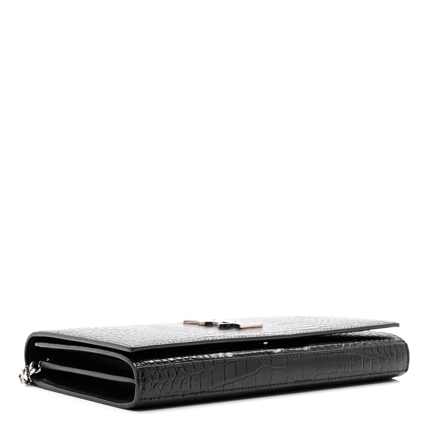 Calfskin Crocodile Embossed Monogram Chain Wallet Black