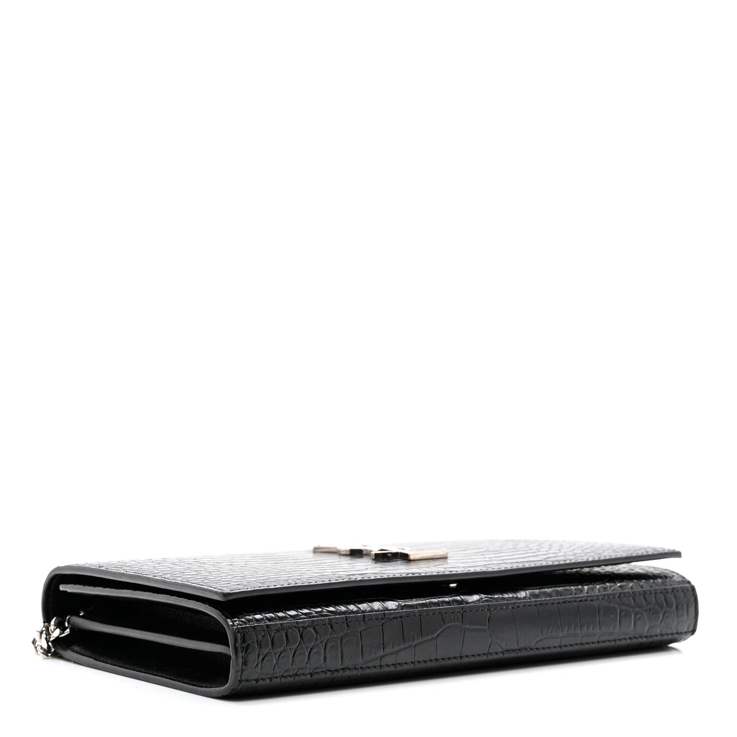 Saint Laurent Calfskin Crocodile Embossed Monogram Chain Wallet Black 4 of 7