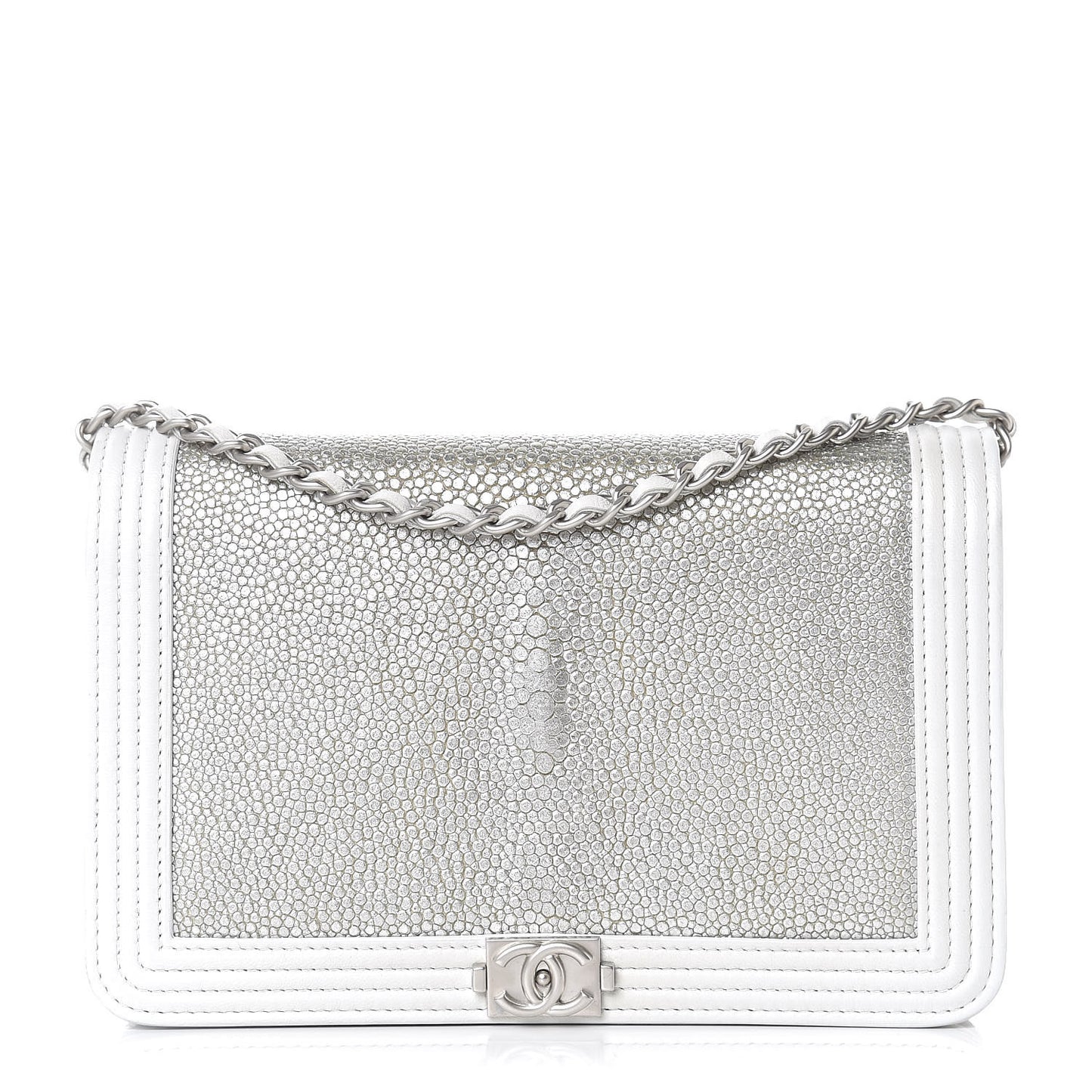 Metallic Galuchat Stingray Lambskin Boy Wallet On Chain WOC Silver