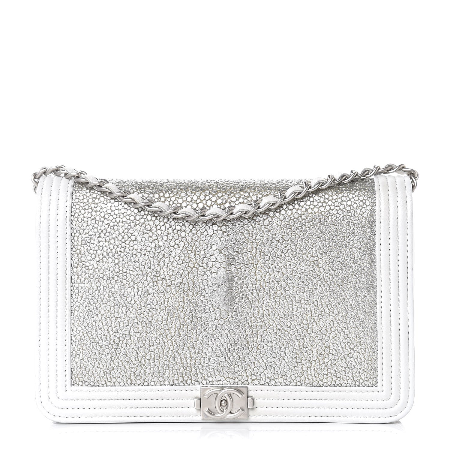 Chanel Metallic Galuchat Stingray Lambskin Boy Wallet On Chain WOC Silver 1 of 12