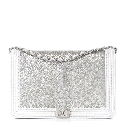 Chanel Metallic Galuchat Stingray Lambskin Boy Wallet On Chain WOC Silver 1 of 12