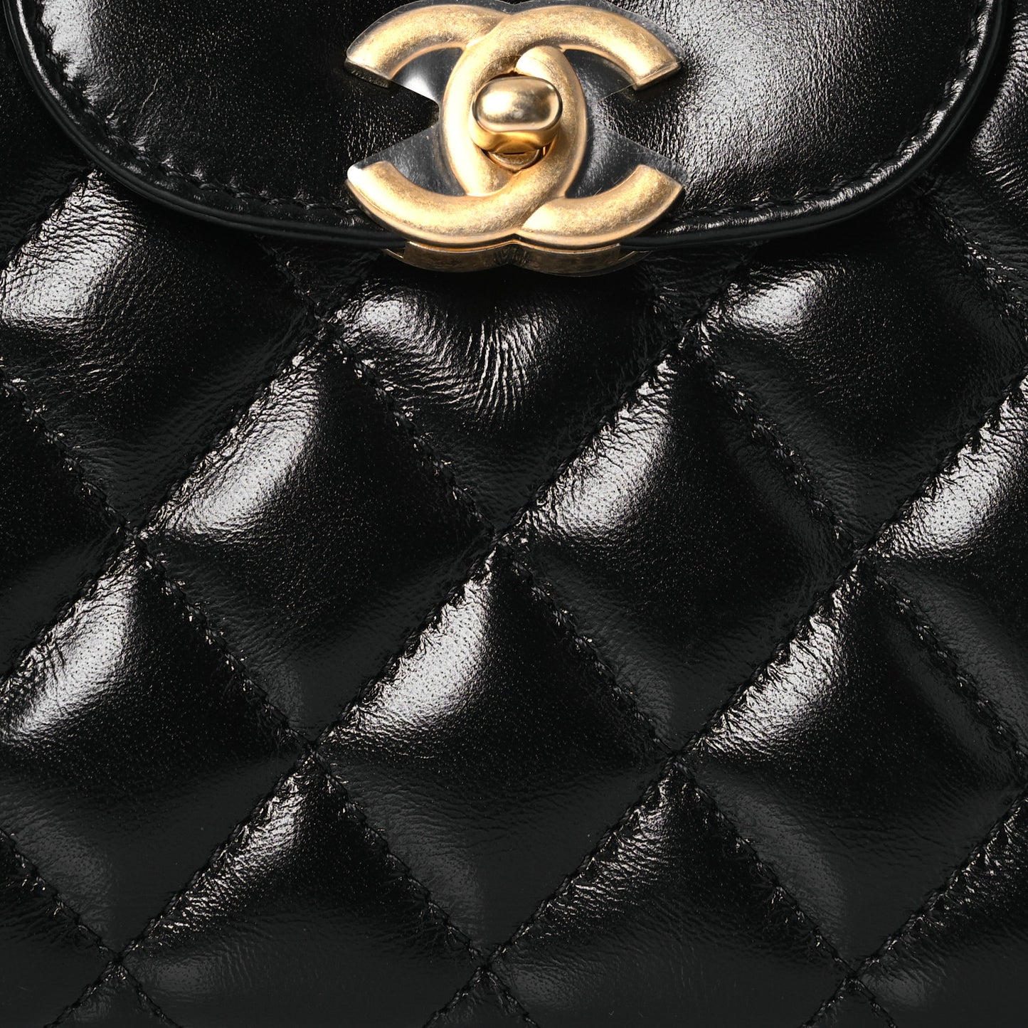 Shiny Aged Calfskin Quilted Nano Kelly Shopper Black