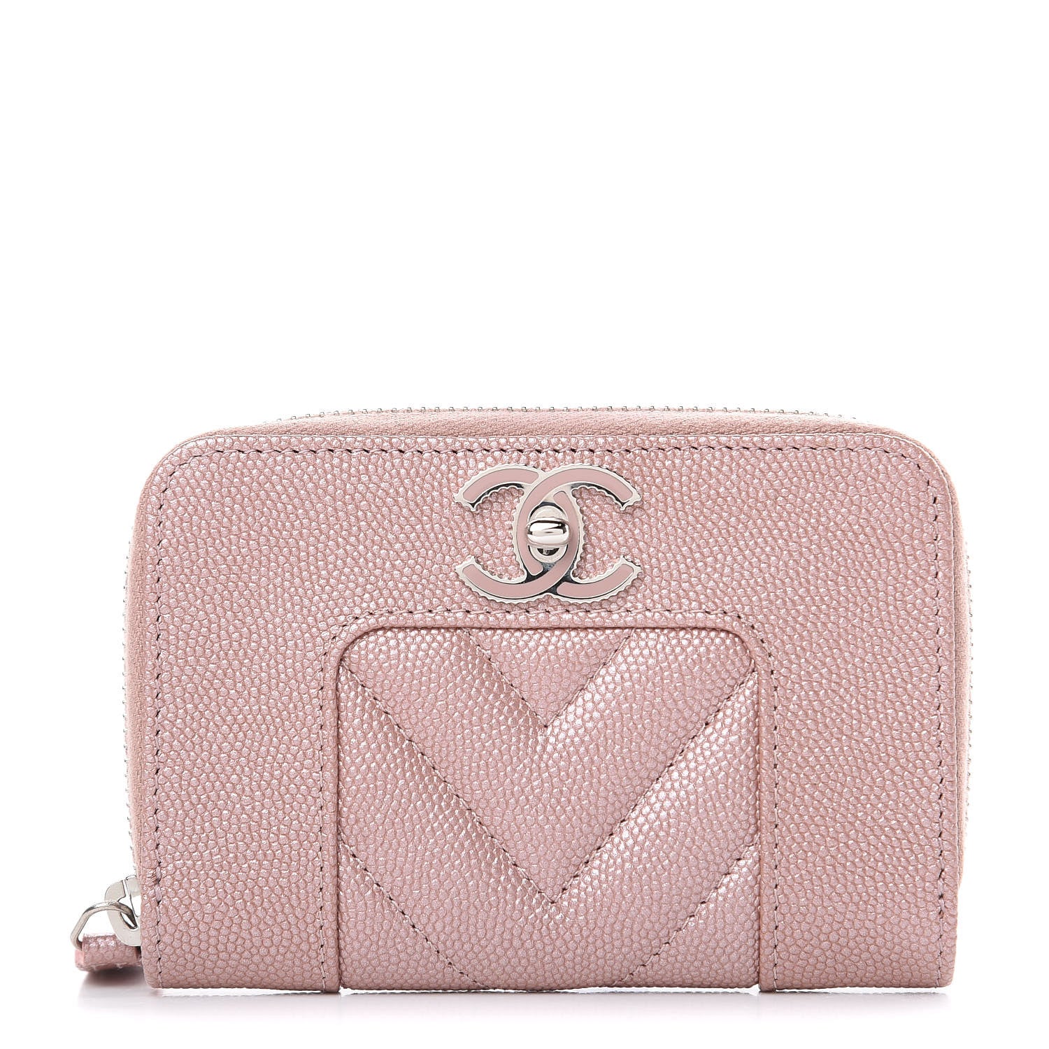 Chanel Metallic Caviar Chevron Quilted Vintage Mademoiselle Zip Coin Purse Pink 1 of 8