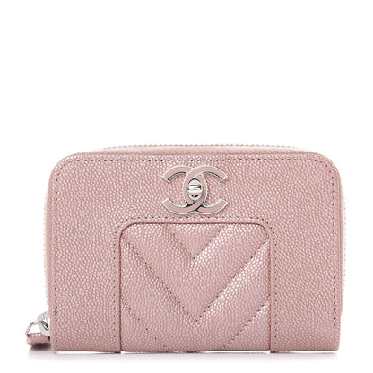 Chanel Metallic Caviar Chevron Quilted Vintage Mademoiselle Zip Coin Purse Pink 1 of 8
