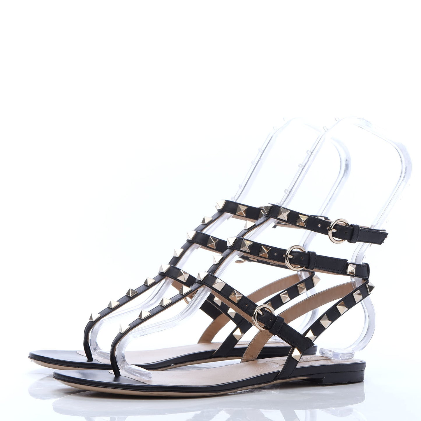 Calfskin Rockstud Ankle Wrap Flat Thong Sandals 37.5 Black