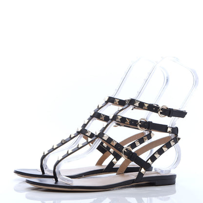 Valentino Garavani Calfskin Rockstud Ankle Wrap Flat Thong Sandals 37.5 Black 3 of 9