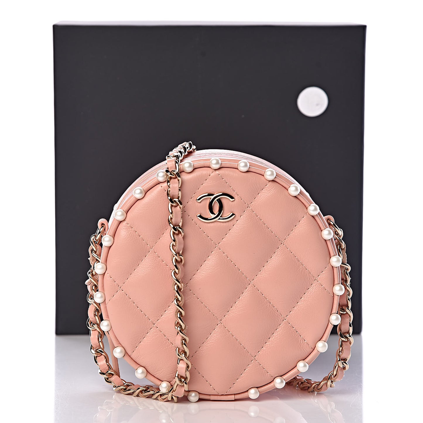 Calfskin Quilted Pearl Round Clutch With Chain Pink