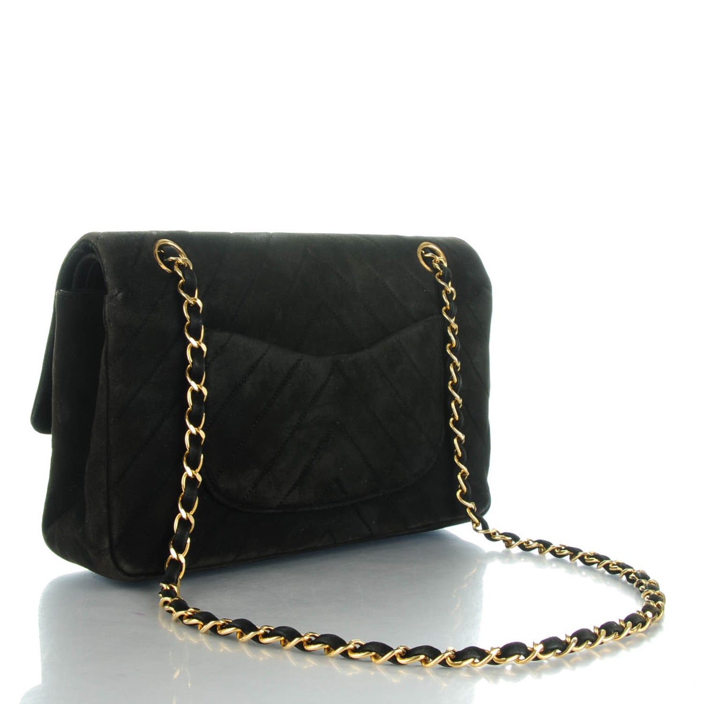 Suede Chevron Medium Double Flap Bag Black