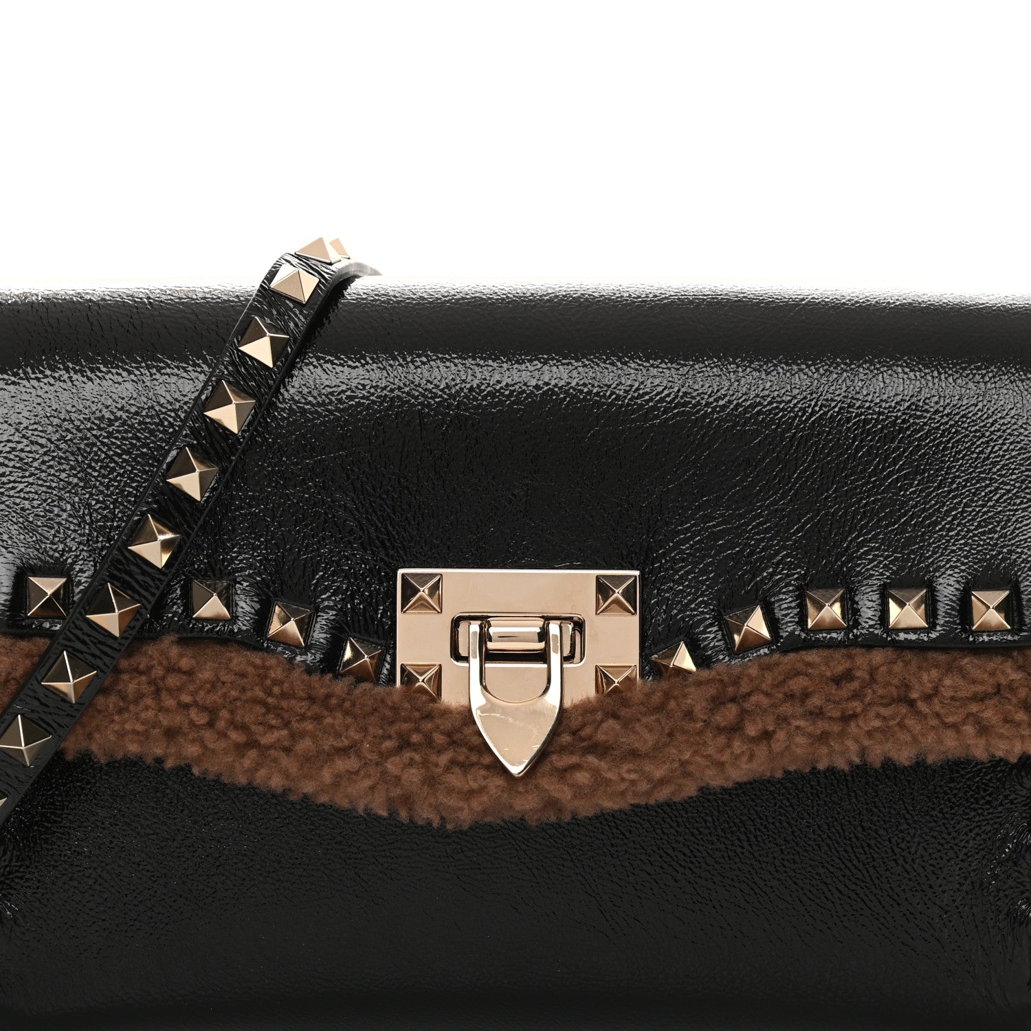 Valentino Garavani Textured Patent Calfskin Shearling Medium Rockstud Flip Lock Crossbody Bag Black 6 of 10