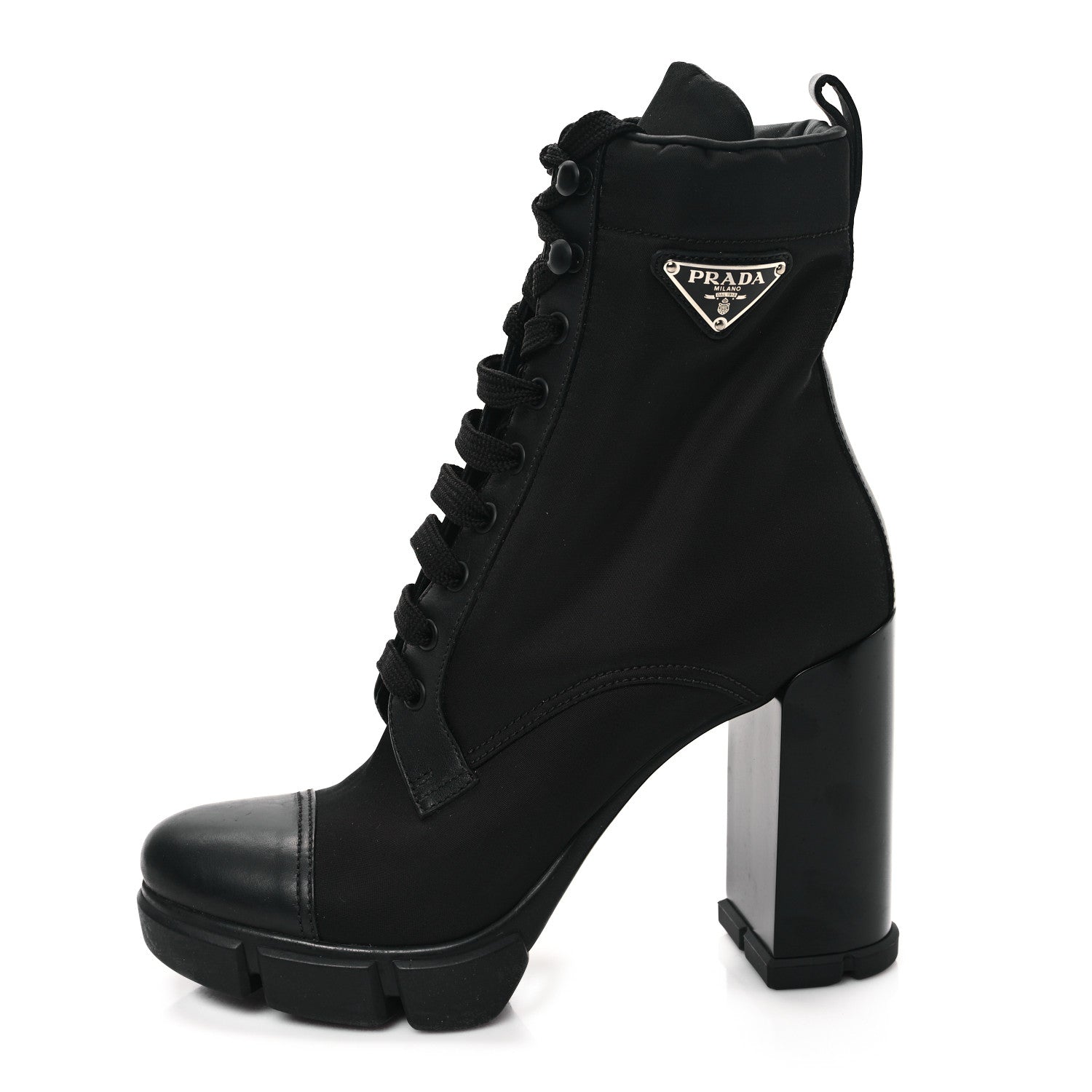 Prada Vitello Montana Re-Nylon Metal Triangle Logo 110mm Ankle Boots 38.5 Black 1 of 9