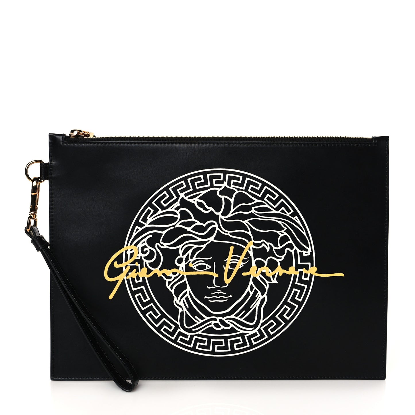 Calfskin Medusa Print Zip Pouch Black
