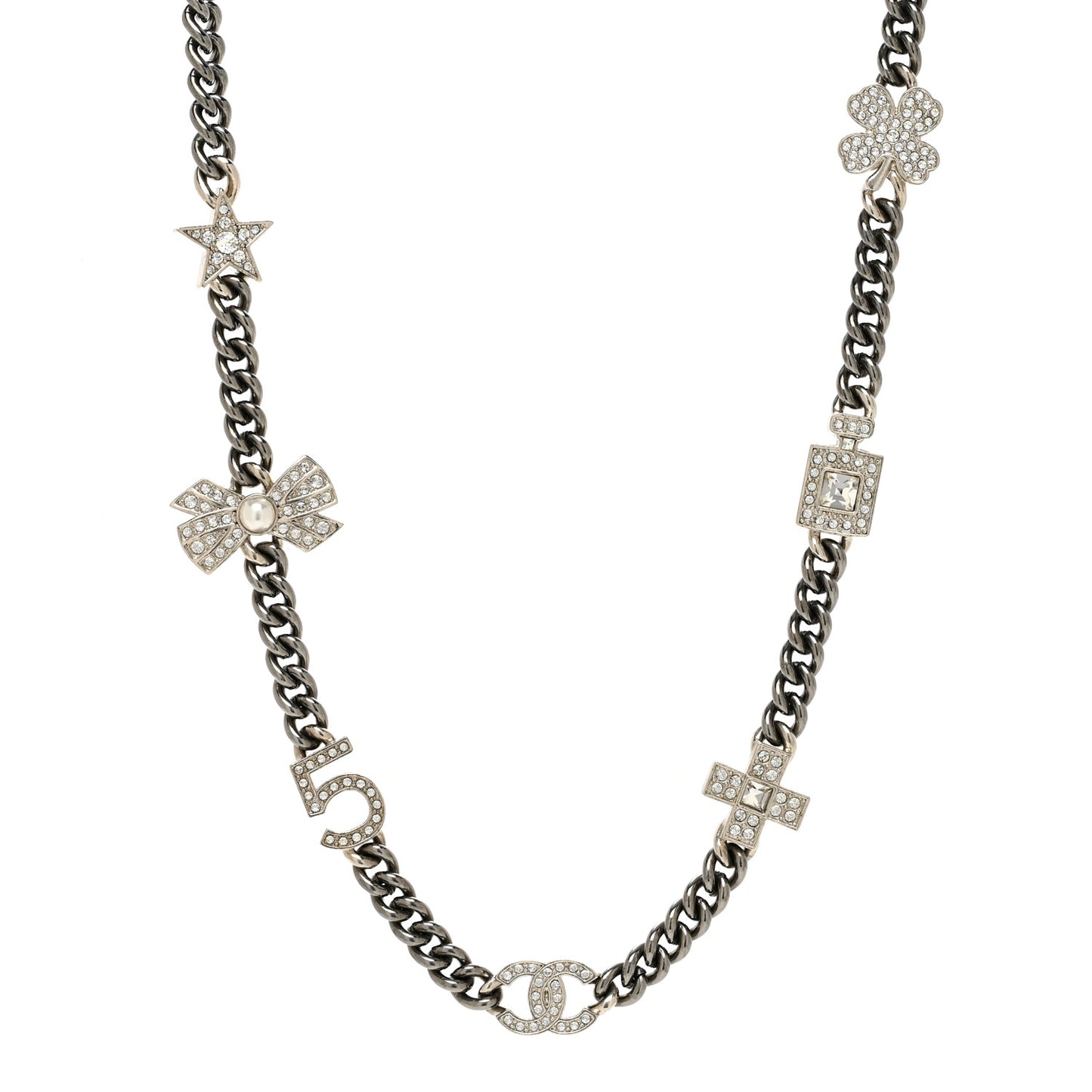 Pearl Crystal CC No 5 Perfume Bottle Choker Necklace Silver