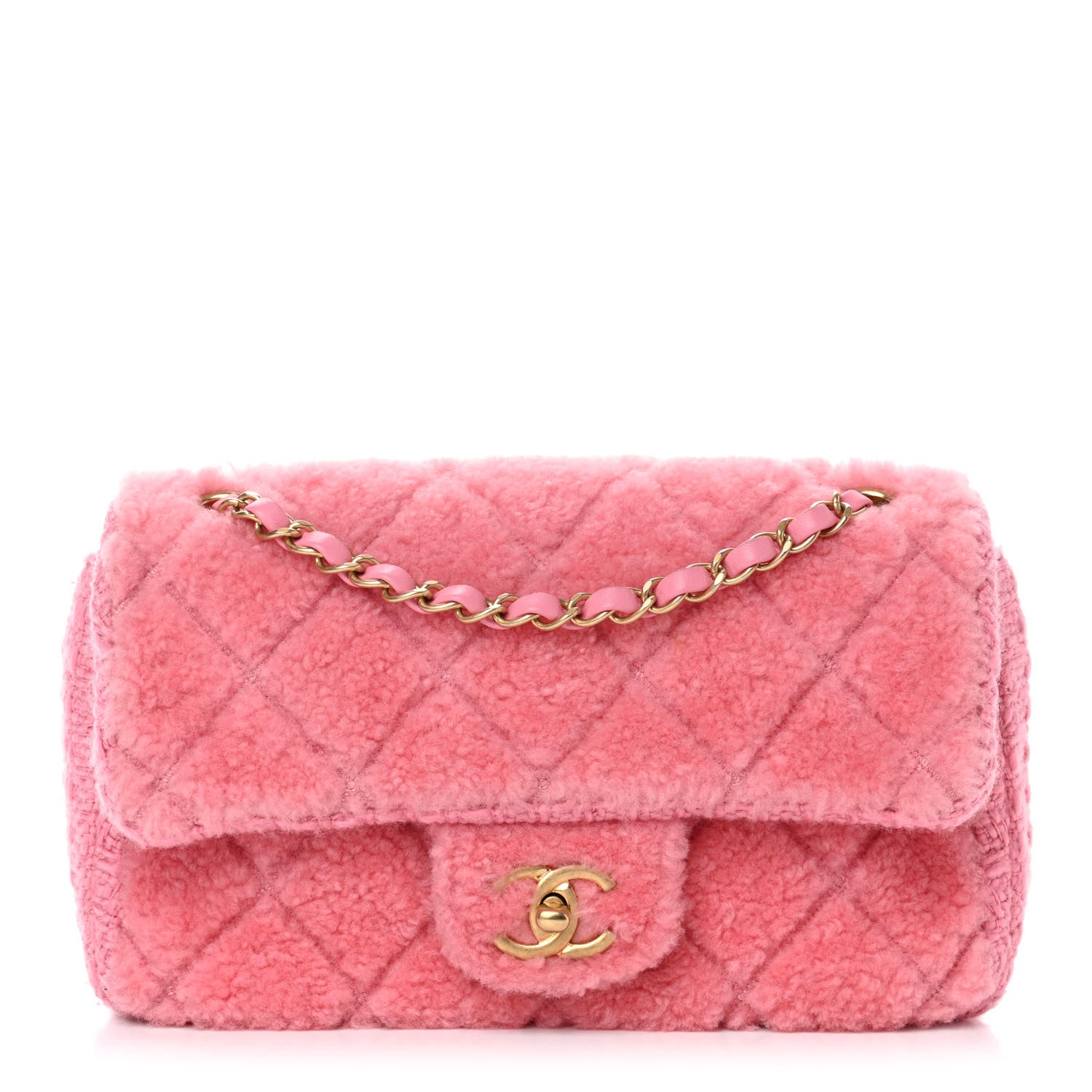 Chanel Shearling Sheepskin Tweed Quilted Single Flap Pink 1 of 11