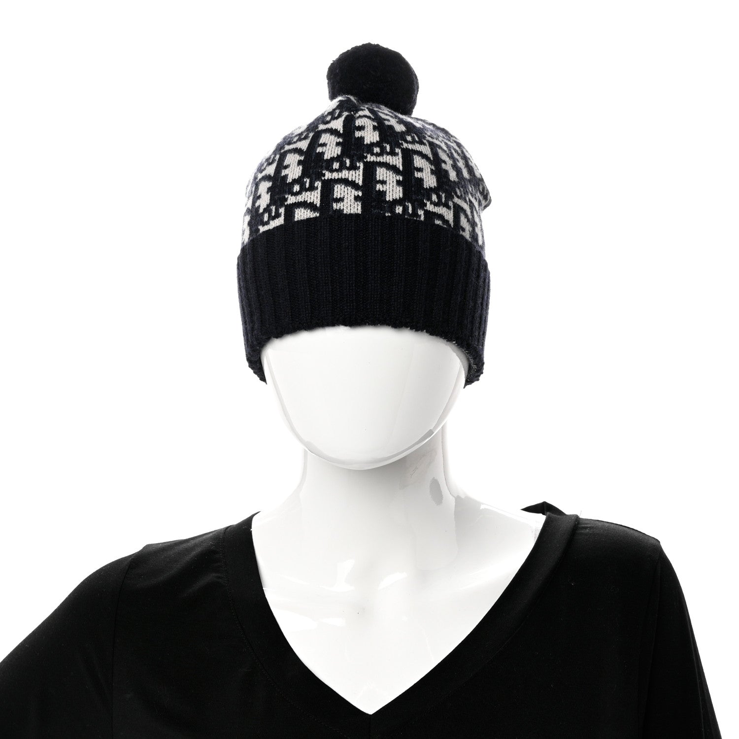Christian Dior Cashmere Oblique PomPom Beanie Navy Blue 2 of 5