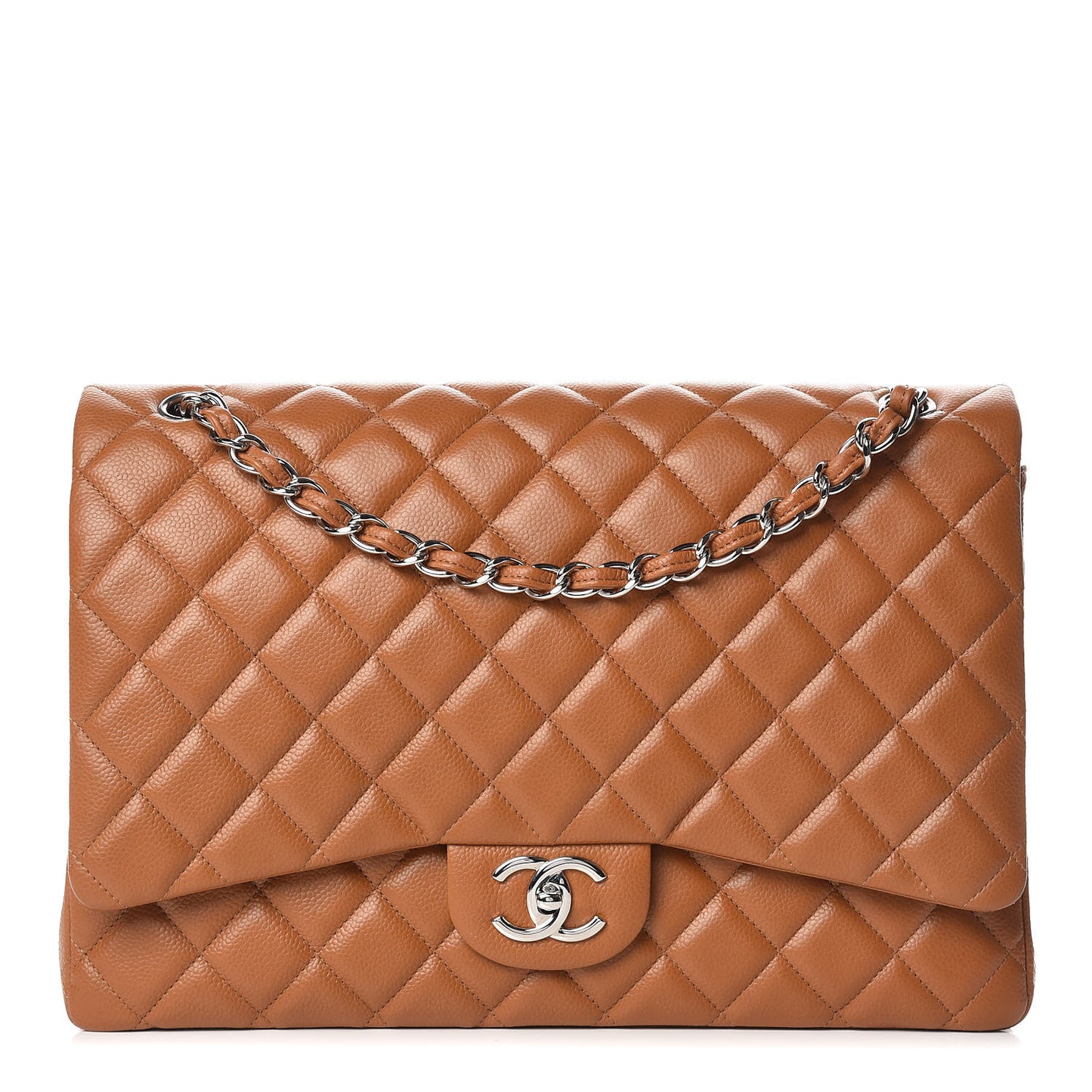 Caviar Quilted Maxi Double Flap Light Brown