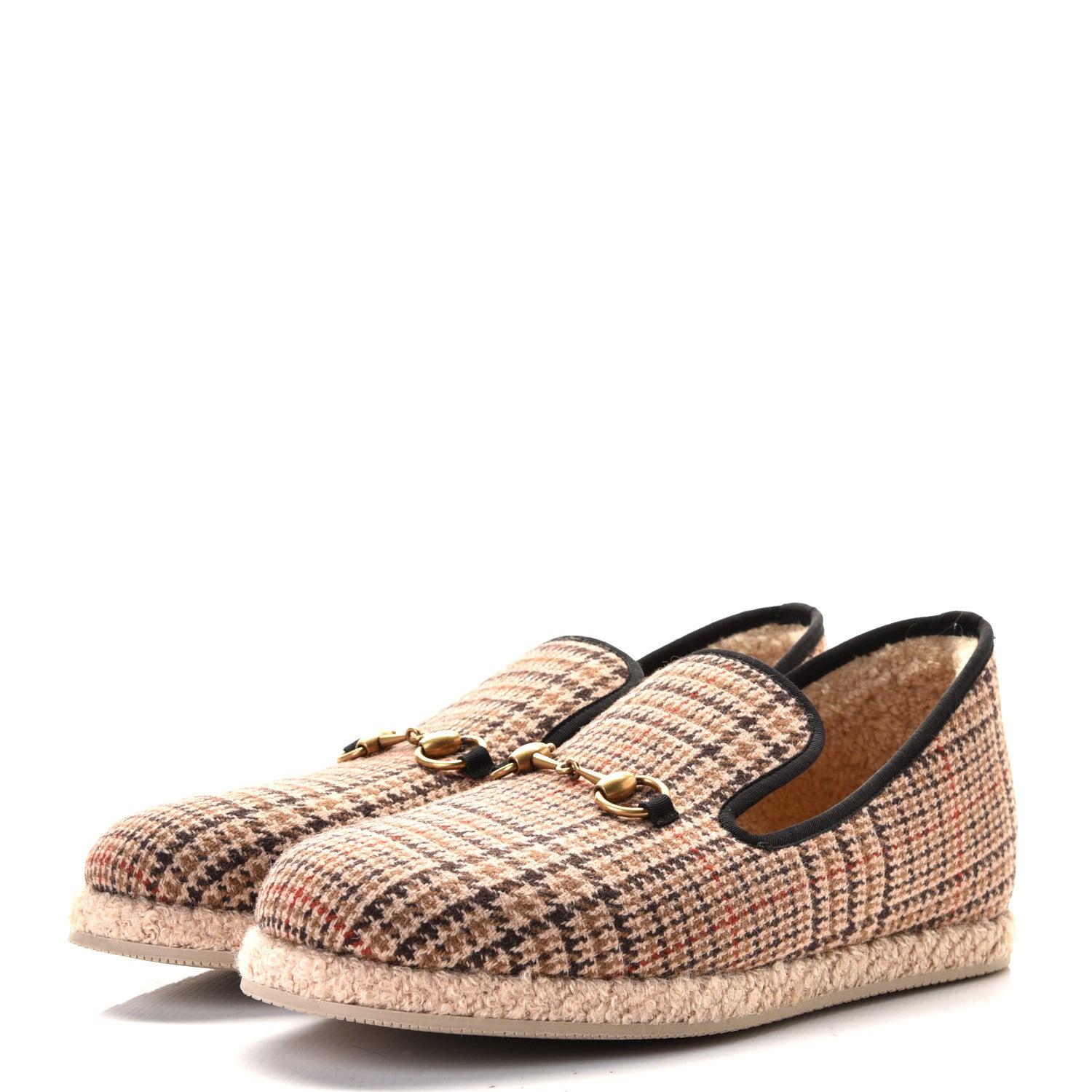 Gucci Wool Tweed Plaid Houndstooth Mens Fria Horsebit Loafers 9.5 Mahogany Black 2 of 9