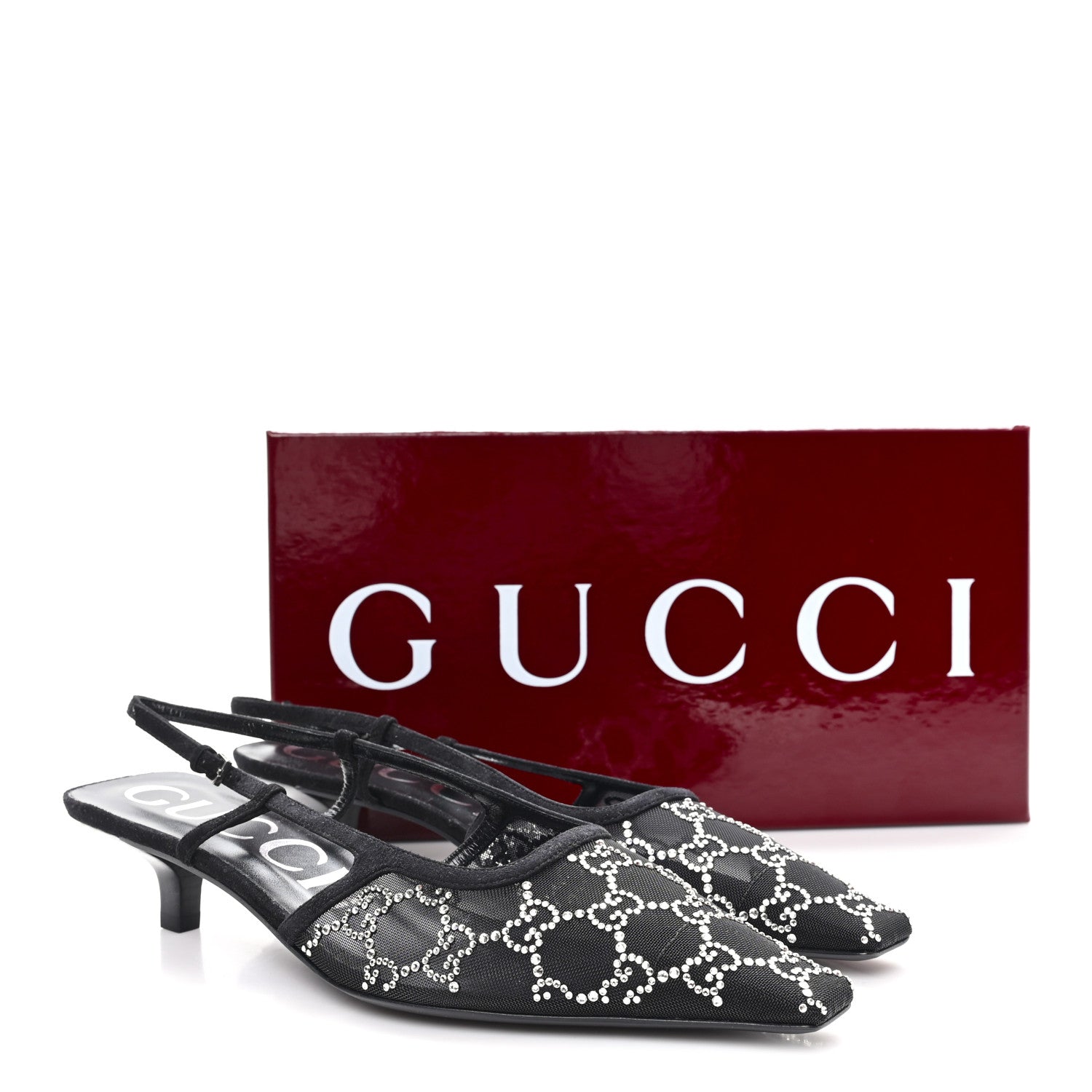 Gucci Tela Retino Kid Scamosciato Crystal GG Monogram Square G 35mm Slingback Pumps 39.5 Black 9 of 9