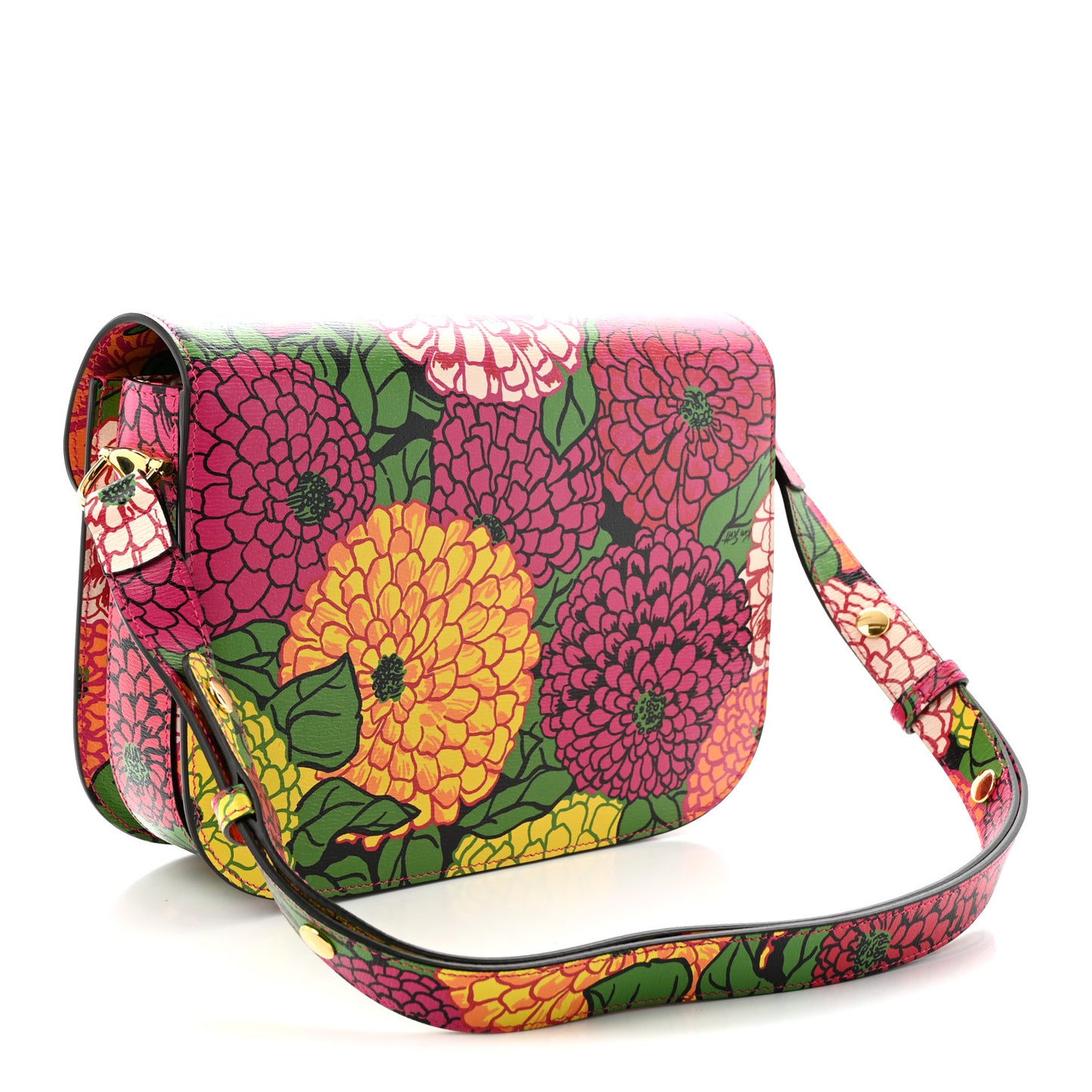 X KEN SCOTT New Shangai Calfskin Pomponica Print Horsebit 1955 Shoulder Bag  Multicolor Fuxia Pompon