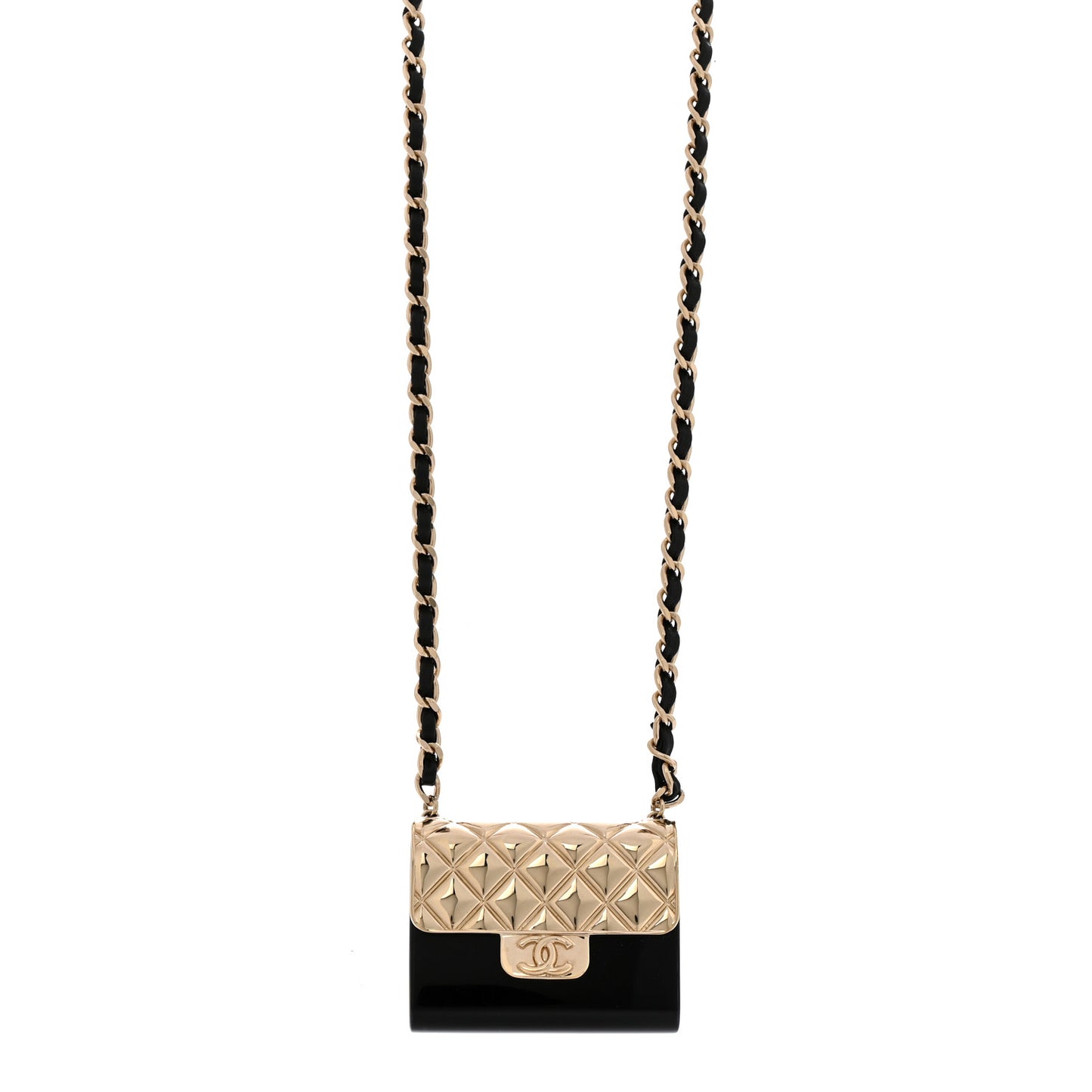 Metal Resin Lambskin Flap Bag Long Necklace Gold Black