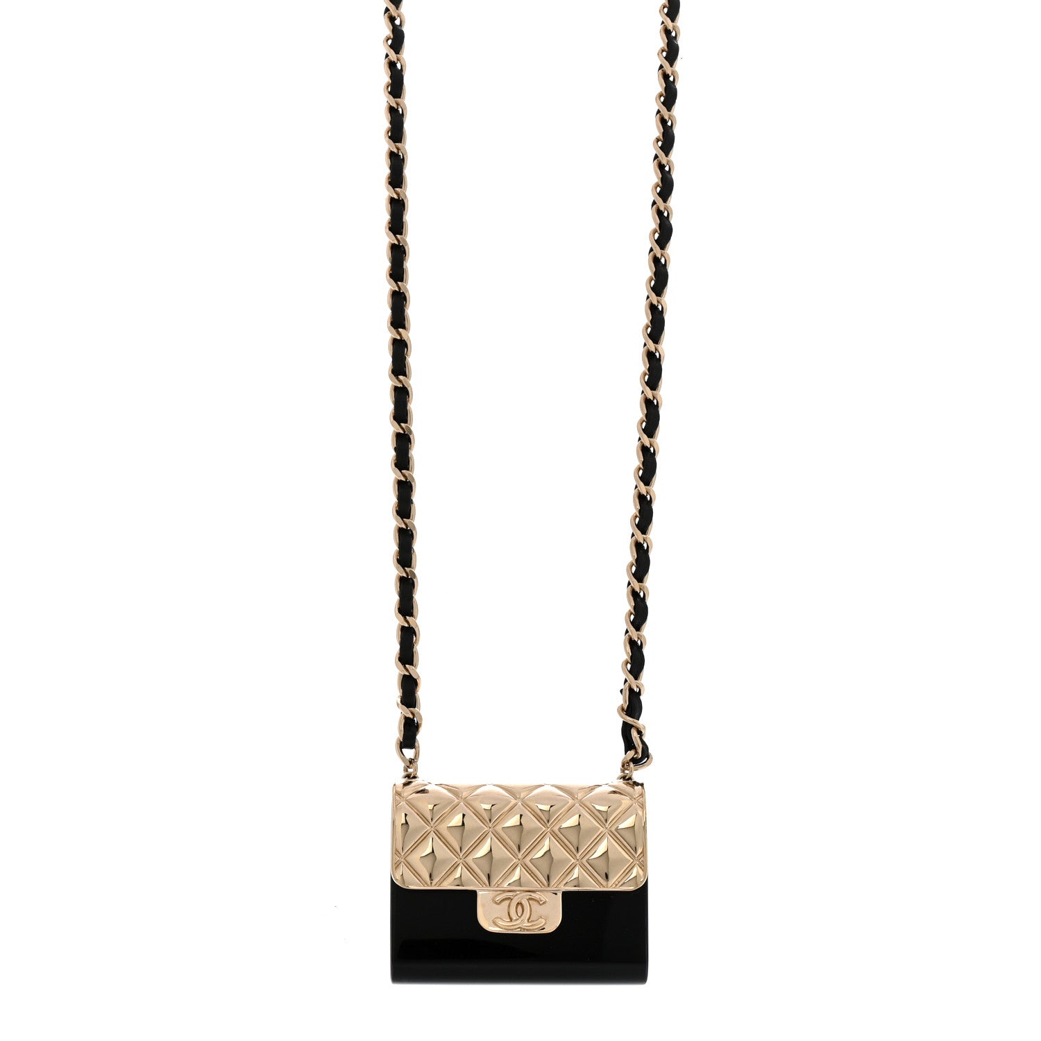 Chanel Metal Resin Lambskin Flap Bag Long Necklace Gold Black 1 of 6