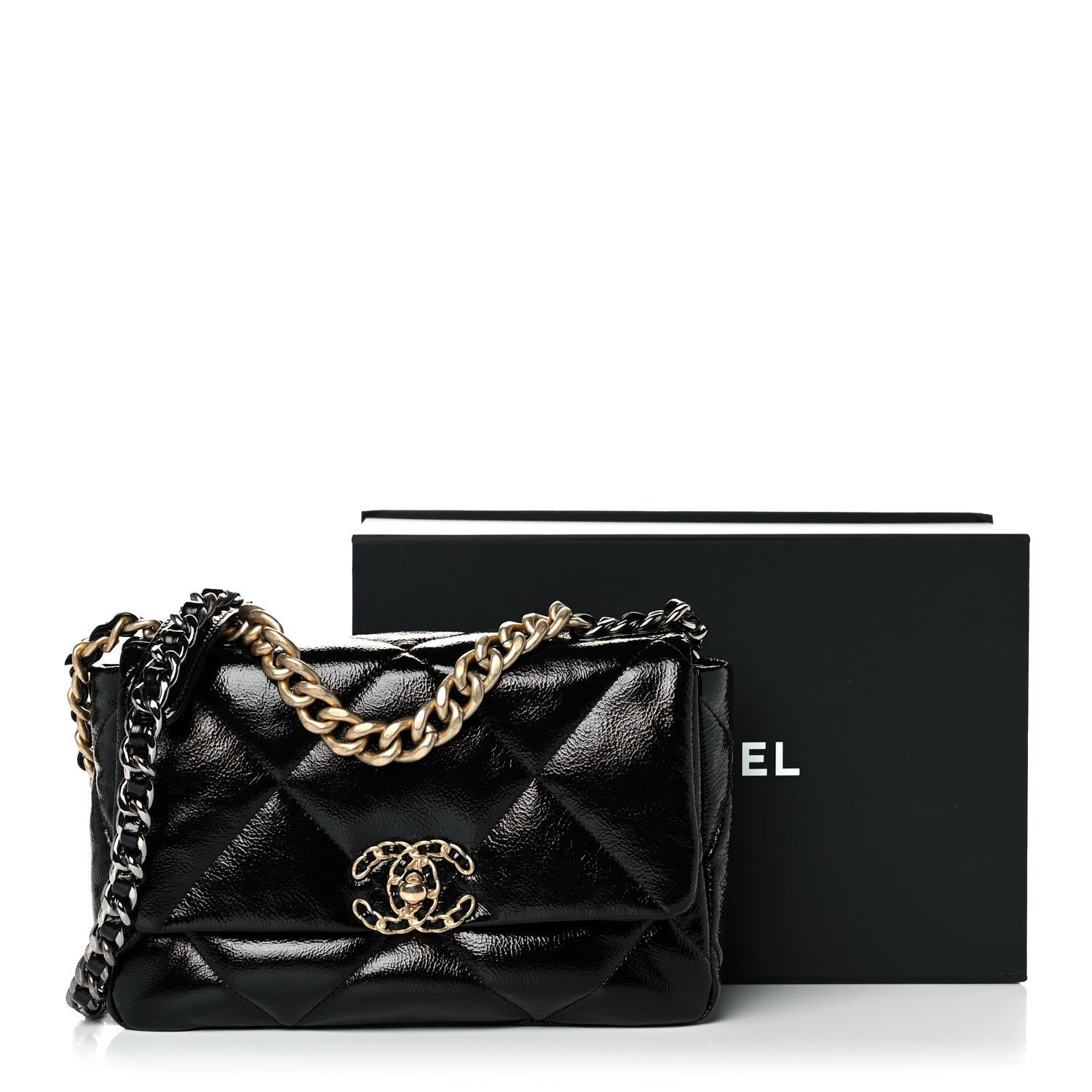 Chanel Shiny Crumpled Calfskin Quilted Medium Chanel 19 Flap Black