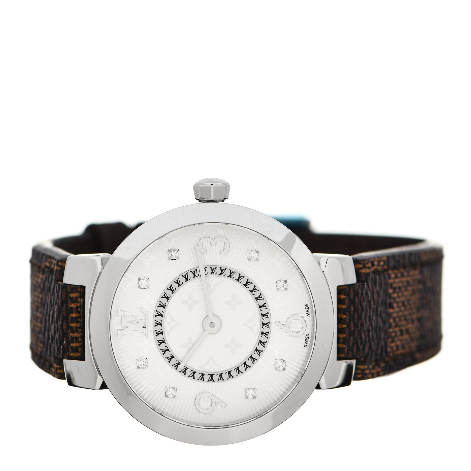 Louis Vuitton Stainless Steel Damier Diamond 28mm Tambour Slim Quartz Watch 2 of 5