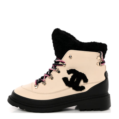 Chanel Calfskin Shearling CC Lace Up Boots 39 Black White 1 of 12