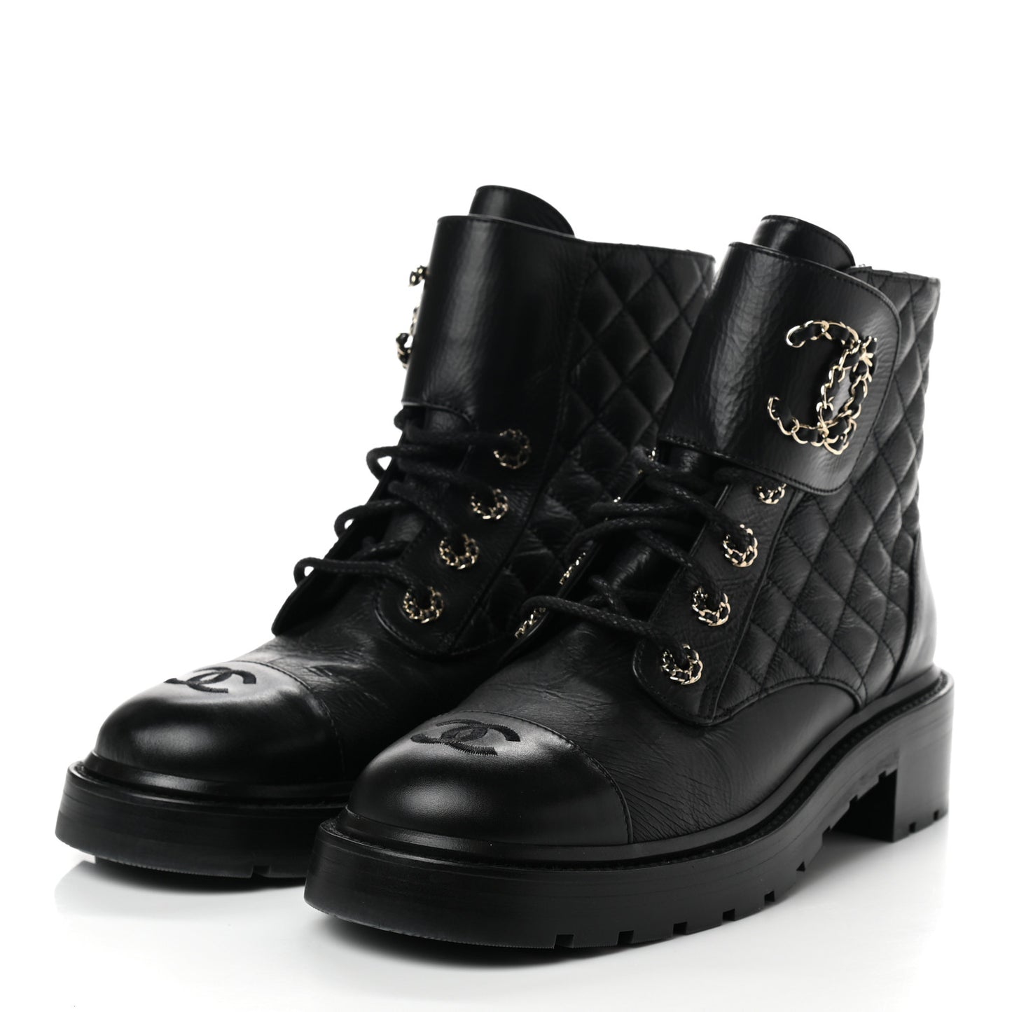 Shiny Goatskin Calfskin Quilted Lace Up Combat Boots 40 Black